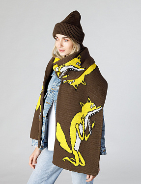 Жаккардовый двусторонний шарф "Орущий лис", Желтый | Интернет-магазин Knitman